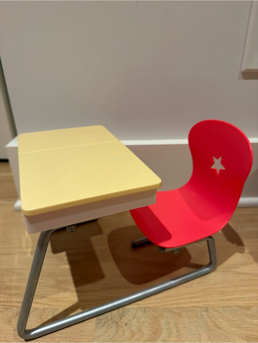 American Girl Yellow Desk with Pink Star-Back Chair. School Acssesorys included